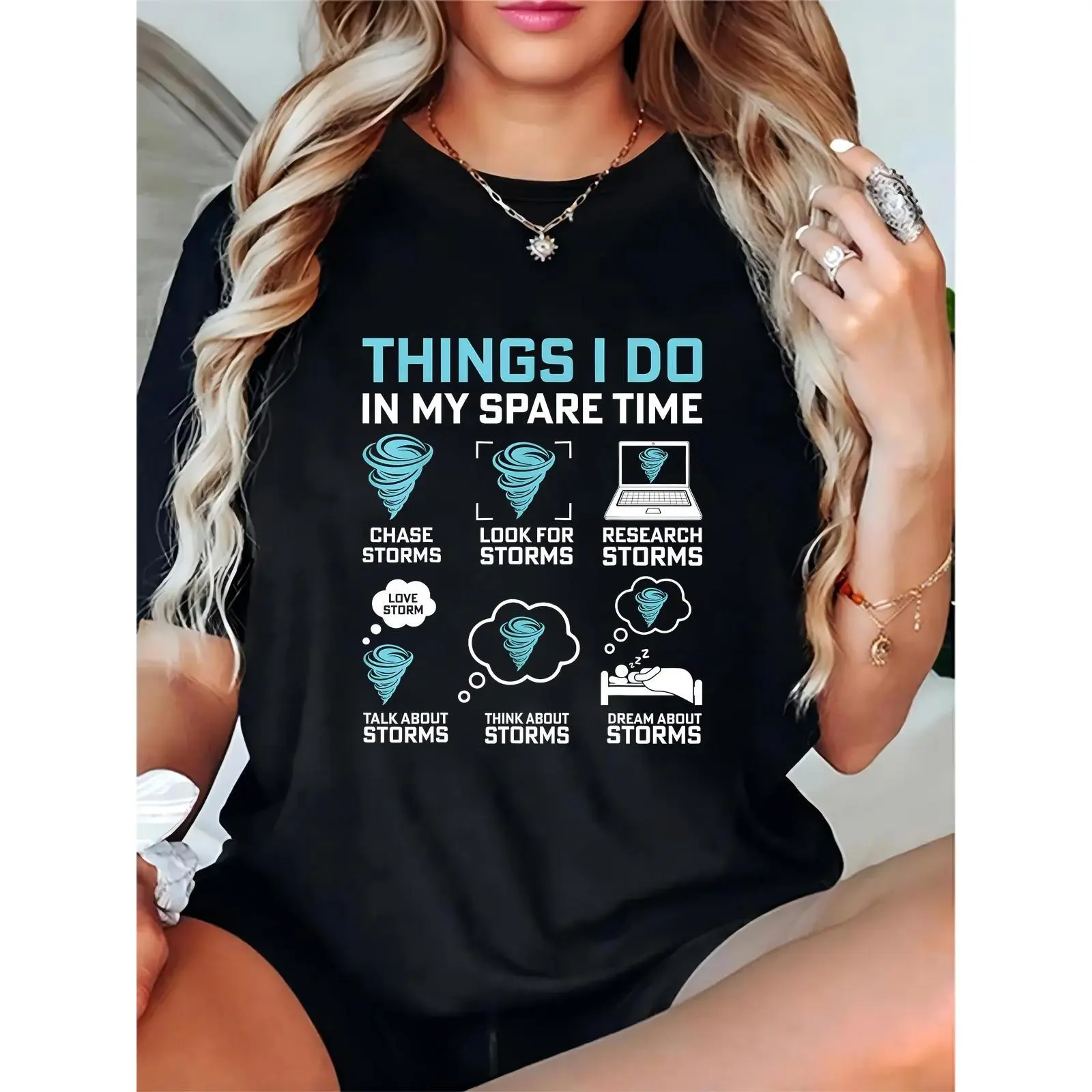 Women's Black Storm Chasing T-Shirt | Tornado Enthusiast "Things I Do In Spare Time" Graphic Tee, Casual Top for Weather Lovers, Everyday Wear 100% Cotton T-shirt