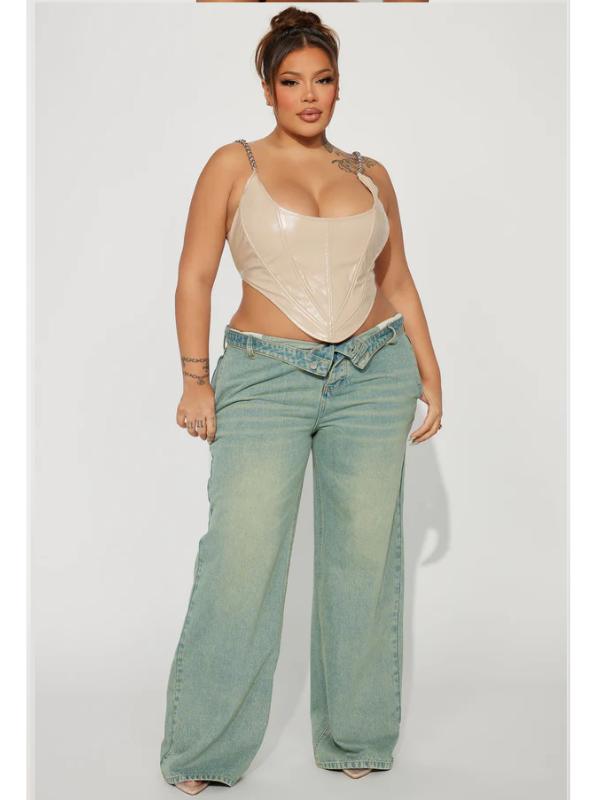 Frankie Foldover Tinted Wide Leg Jeans - 90s Inspired Baggy Style with Mid Rise & Fixed Fold-Over Waistband - 33" Inseam - Medium Wash - 71% Cotton 19% Rayon 10% Polyester