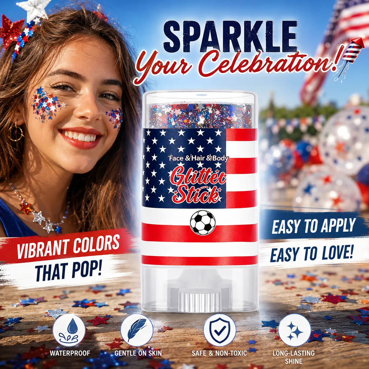 Patriotic Face & Body Glitter Stick - Alcohol-Free, Red White Blue Sparkling Shine Makeup for Face & Hair, July 4th, Party Wear, Festivals