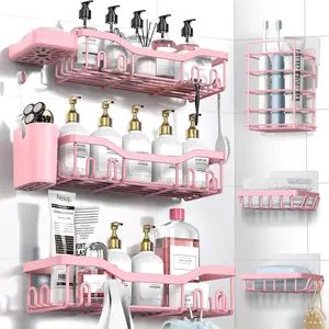 Shower Caddy Adhesive Shower Organizer 8-Pack, Rustproof Stainless Steel Bathroom Shelves, Large Capacity No-Drill Rack Storage Accessories with Soap Dish Toothbrush Holder Hooks