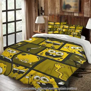 SpongeBob SquarePants cartoon pattern 3-piece duvet set, bedding set, suitable as a gift.