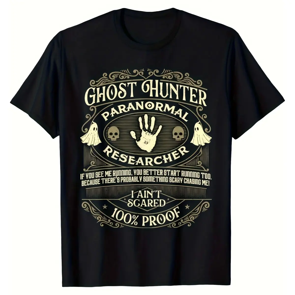 Ghost Hunter Vintage Whiskey Label Unisex T-Shirt for Men & Women - Ghost Skull Handprint Paranormal Graphic, Soft Cotton Crew Neck Short Sleeve, Comfortable All-Season Tee, Perfect for Everyday Casual & Spooky Style, Machine Washable