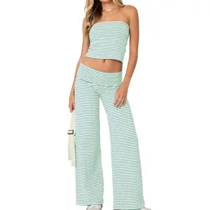 Women's Summer Clothes Stripe Outfits Strapless Tube Tops with Fold Over Waist Long Pants Casual Outfits 2 piece sets womenGift