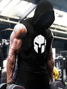 Men's Spartan Graphic Sleeveless Hooded Tank Top - Muscle Fit Gym Shirt, Breathable Workout Hoodie for Training, Black