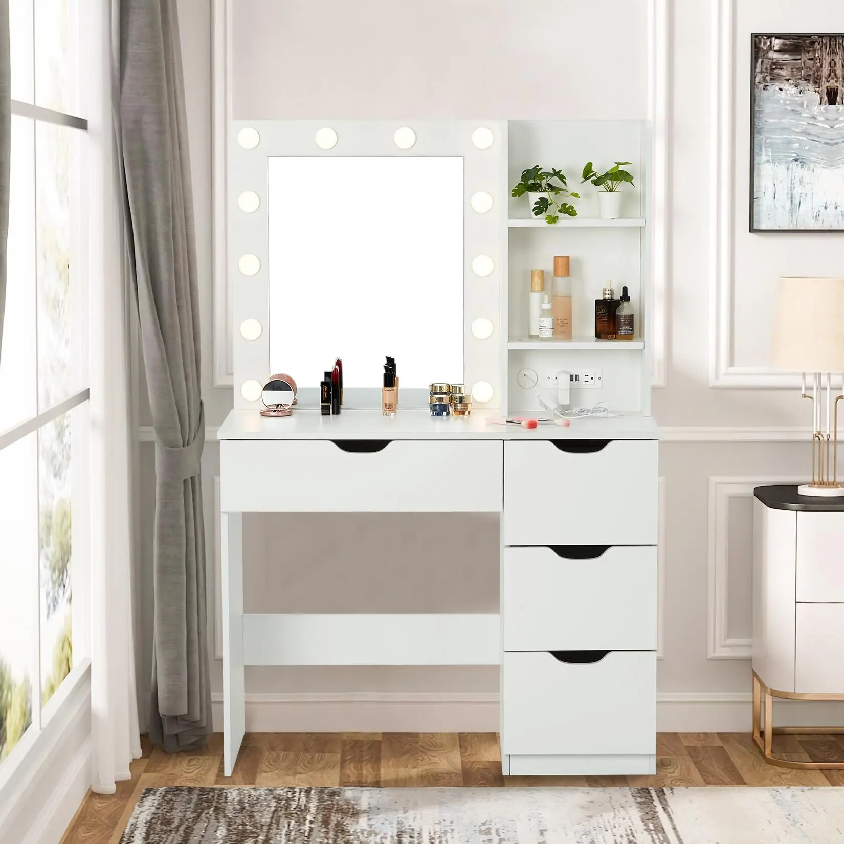 LED Vanity Desk with Mirror & USB Charging Station, 4 Drawers + 3-Tier Shelves, 3-Color Adjustable Lighting, Modern White Dressing Table for Bedroom