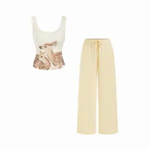 Cider Deer Graphic Square Neck Cropped Tank Top & Mid Rise Drawstring Straight Leg Trousers Loungewear Set