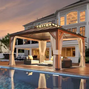 12' x 14' Outdoor Gazebo Ventilated Double-Roof with Polycarbonate and Galvanized Steel Roof Provides Sunshade, Lighting, Wind & Snow Protection