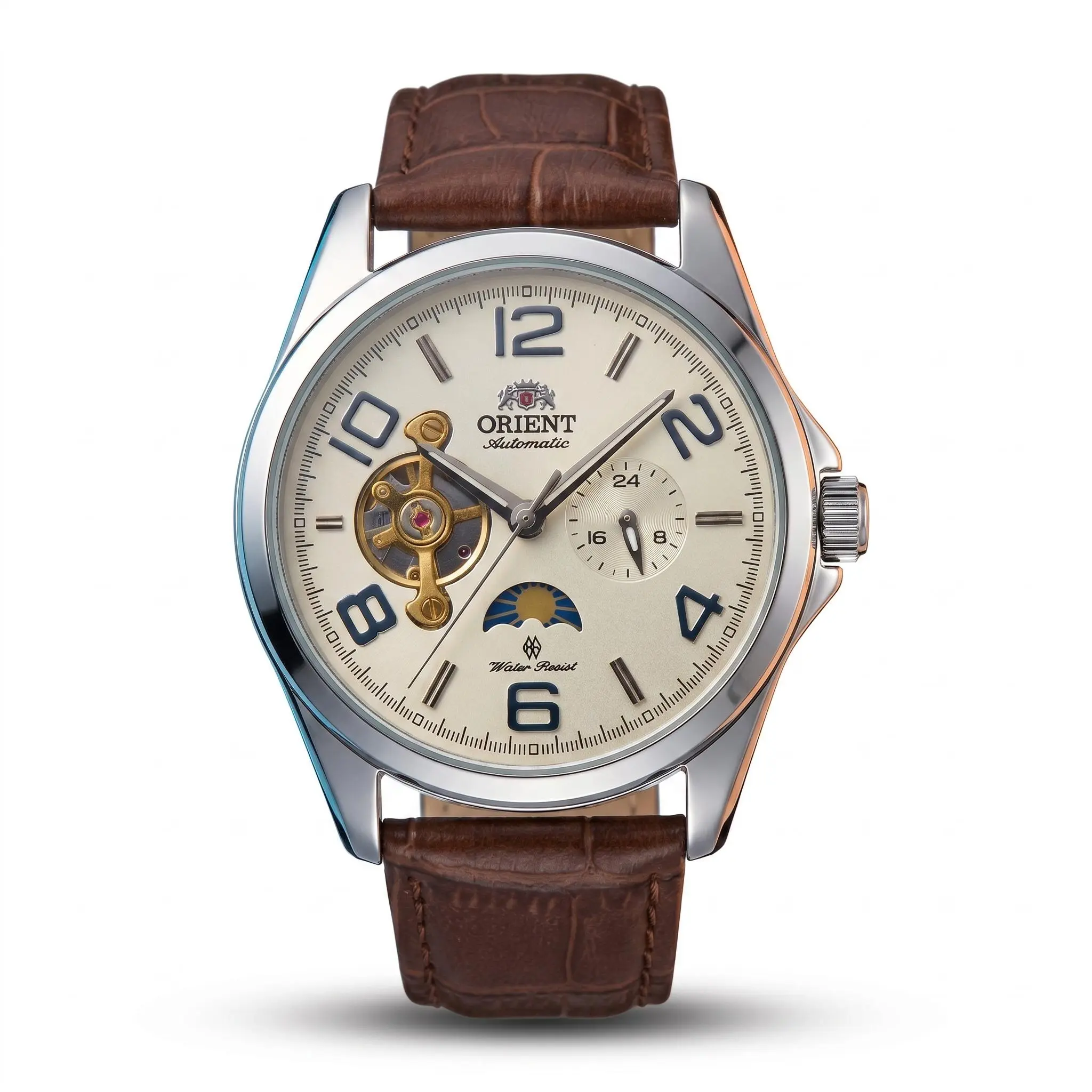 TimAdorn Men's Skeleton Tourbillon Mechanical Watch - Moon Phase Display, Brown/Black Crocodile-Grain Leather Strap or Steel Bracelet, Business-Casual Fashion Accessory