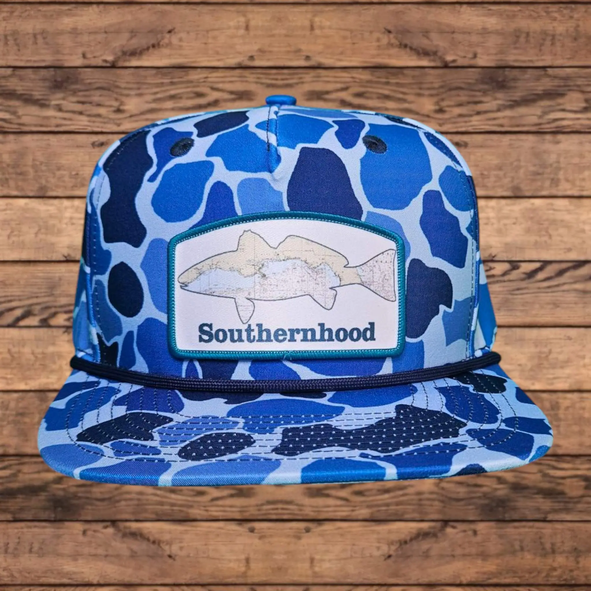 Redfish Map Patch,  Classic Blue Duck Camo Rope Hat