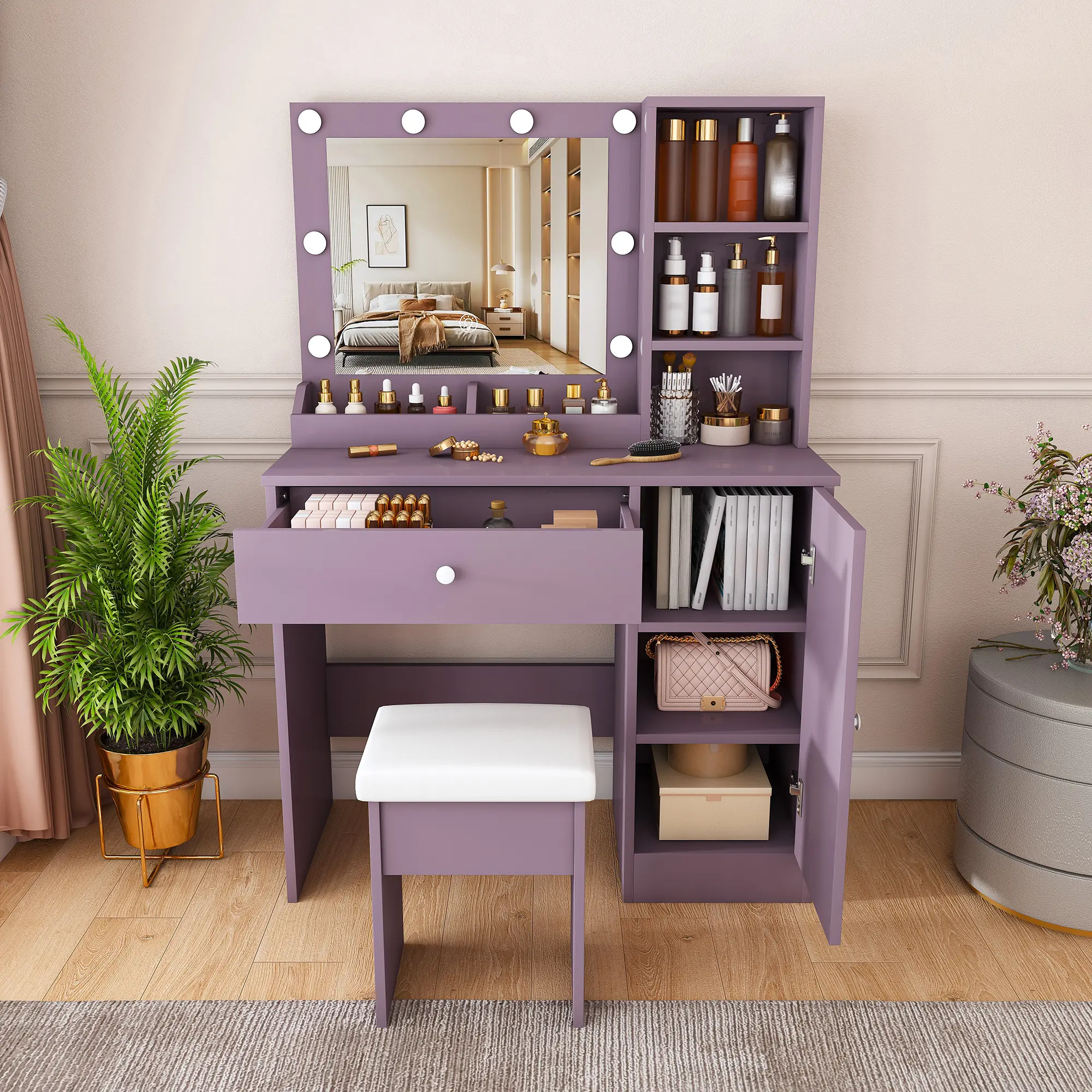 Purple Makeup Vanity Desk Set with Polyurethane Leather Padded Stool, Get Ready with Me Vanity for Kids, 2 Optional Lighted Mirrors (8 Round Bulbs/Dimmable Adjustable LED), 3 Color Modes, Multi-Storage for Bedroom Beauty Organization