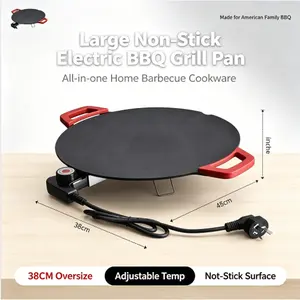 Large 38CM Non-Stick Electric BBQ Grill Pan, Adjustable Temperature Control Indoor Griddle with Heat-Insulated Handles, Detachable Cord 110V US Plug Multifunctional Home Barbecue Griddle for Steak Pancake Seafood Family Cooking