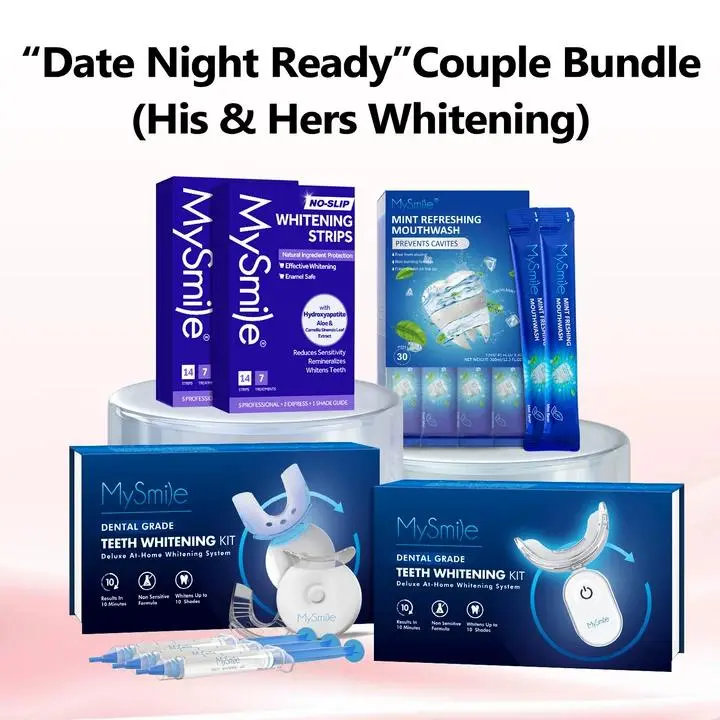 MySmile Couples Teeth Whitening Kit, His & Hers Multi-Pack with 2 Cordless LED Lights, 14 Strips, Mouthwash & Color Correcting Teeth Brightener, Brightens