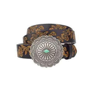 Western Concho Buckle Belt — Hand-Painted Leather with Faux Turquoise Center