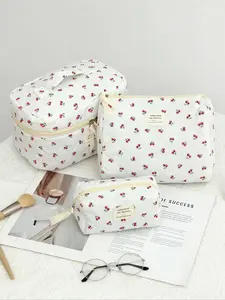 Cute Cherry Pattern Makeup Bag Set, 3 Counts Large Capacity Cosmetic Storage Bag, Zipper Makeup Organizer Pouch, Versatile Storage Bag for Travel & Daily Use