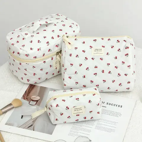 Cute Cherry Pattern Makeup Bag Set, 3 Counts Large Capacity Cosmetic Storage Bag, Zipper Makeup Organizer Pouch, Versatile Storage Bag for Travel & Daily Use