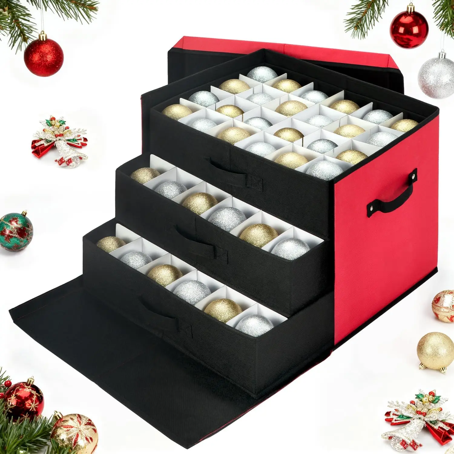 Red 72-Ball Christmas Ornament Storage Box with 13 In Adjustable Dividers, Stackable Drawer Organizer, Removable Tray and Lid for Xmas Decorations