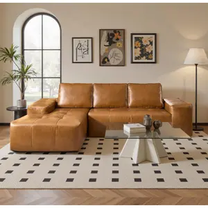 Boneless Couches for Living Room, Brown Faux Leather Cloud Sectional Couches with Chaise, Deep Seat L Shaped Modular Sofa, No Assembly Required Sofas in a Box (Left,Faux Leather,Brown)