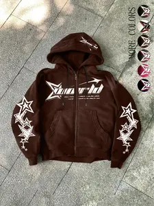 Unisex design, urban style, avant-garde black zipper hoodie with fleece lining, featuring the ‘Xworld’ logo and star pattern. Suitable for urban, Y2K, campus, hip-hop, fashion, trend, and everyday wear.