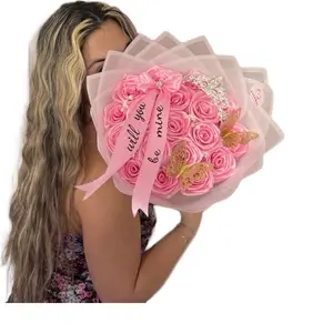 Proposal gift Pink Bouquet Eternal Ribbon Roses Luxury Flower Arrangement with Crown, Butterflies and Custom Message, gift for Anniversary, birthday, Christmas, Valentine’s Day, Mother’s Day