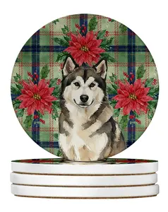 Carolines Treasures WDK8476RCS4 4 x 4 in. Sable & White Alaskan Malamute Christmas Poinsettias Large Sandstone Coasters, Pack of 4