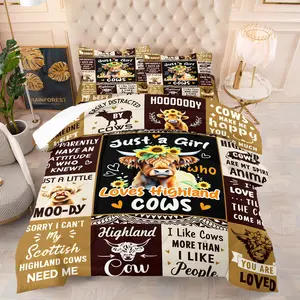 Stylish Highland Cow Quilted Comforter Set, Includes 1 Quilt &1 or 2 Coreless Pillowcases, Plush Cozy Microfiber Bedding, Whimsical Cow Patchwork Design, All Season Decor for Farm & Cow Themed Rooms