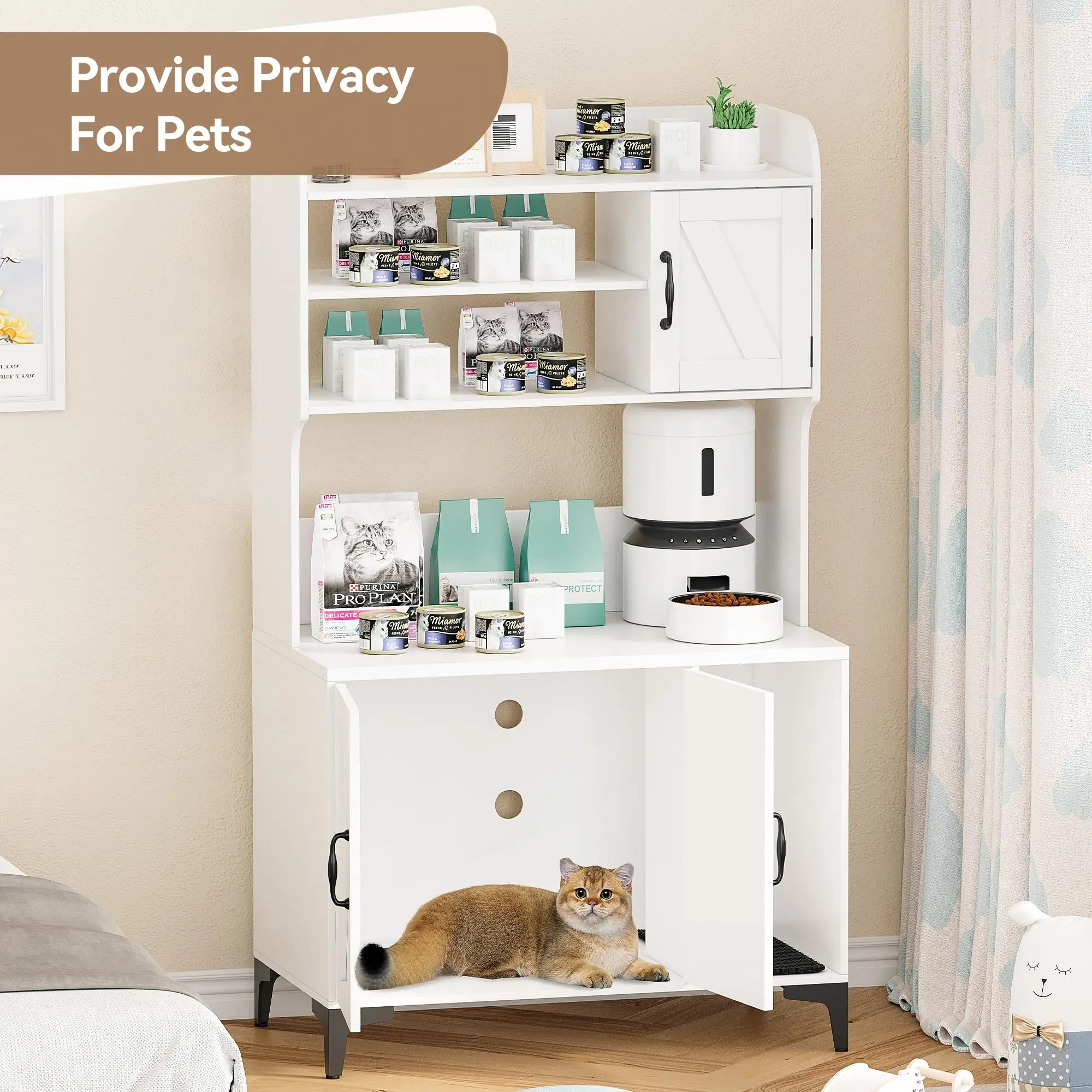 【GARVEE】Cat Litter Box Enclosure with Shelves - Sturdy Wooden Litter Box Cabinet with Hidden Cat Box, Scratching Mat, Indoor Cat Washroom Storage, and White Indoor Cat House Furniture