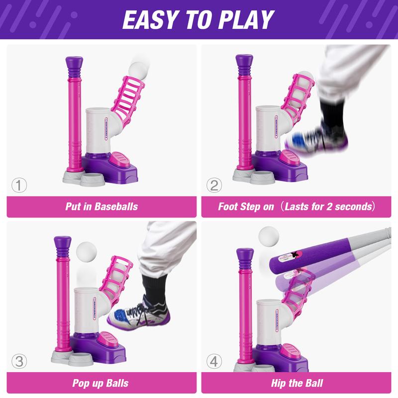 Tball Set for Toddlers 3-5, Tee Ball Set with Step on Pitching Machine/Adjustable Batting Tee/Retractable Baseball Bat/8 Pop Up Balls, Outdoor Sport Toy Games for Kids Girls