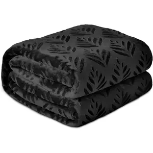 King Size Fleece for Bed, Super and Blankets All Use, Leaves Pattern, Plush Fuzzy Lightweight, Black, 90x104 Inch