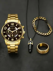 Men's Sport Style Round Quartz Casual Wristwatch Set with Calendar Function, Metal Strap, Casual Wear, Party Gift, No Box Included