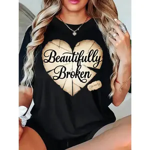 Women'S T-Shirt Black Beautifully Broken Heart Print with Eternity Text