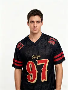 Men's Breathable Rugby Jersey, V-Neck Short Sleeve Training Shirt, Sporty Fitted American Football Uniform, All Seasons Sports Outdoors