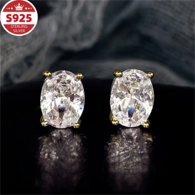 Women's S925 Sterling Silver Stud Earrings - 14K Gold Plated, Small Oval, 4-Prong Sparkling, Low-Allergen Costume Jewelry, Ideal Gift for Valentine’s Day, Mother’s Day