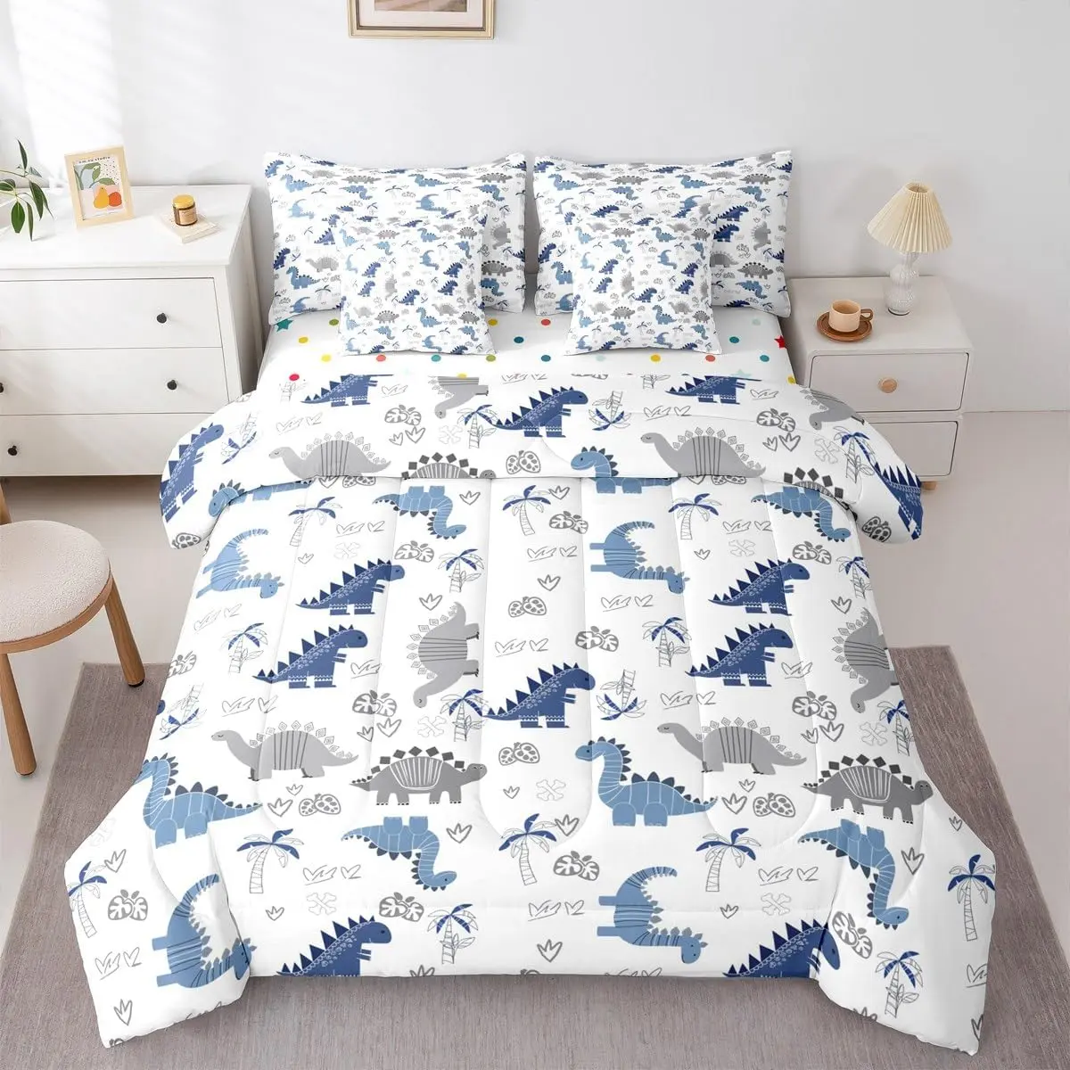 Cute Dinosaur 7 Piece Bedding Set Blue Grey Dinosaur Comforter Set with Sheets Nutrue Palm Tree Bed in a Bag Animal Theme Bed Set Soft Lightweight