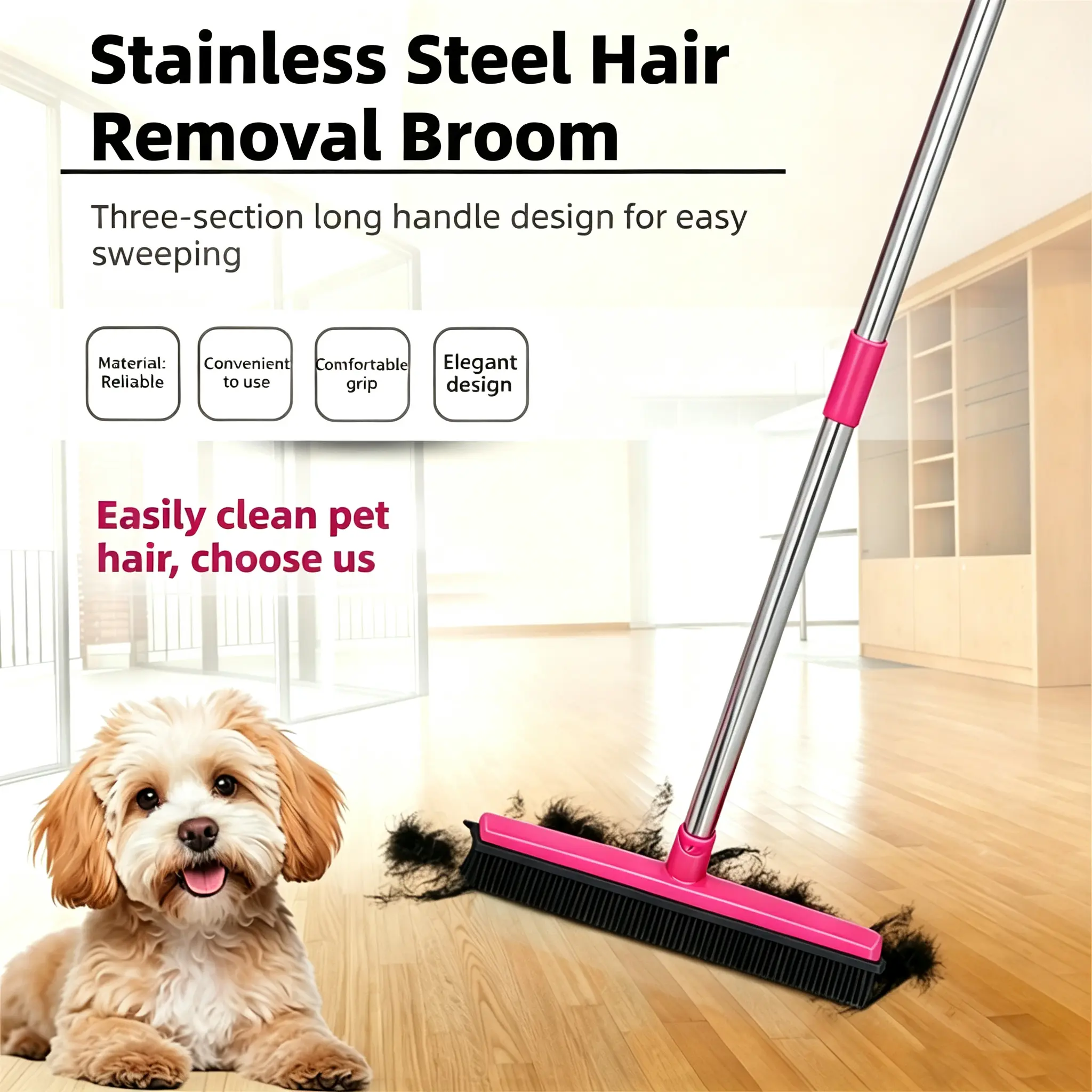 Pet Hair Remover Sweeper with Rubber PP Bristle Broom & Floor Squeegee, Detachable 3-Piece Handle for Quick Clean on Carpet, Hardwood & Tile (Dog & Cat Fur)