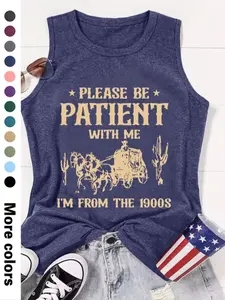 Women's Letter Print Round Neck Tank Top, Casual Sleeveless Crew Neck Top for Daily Wear, Ladies Clothes for All Seasons