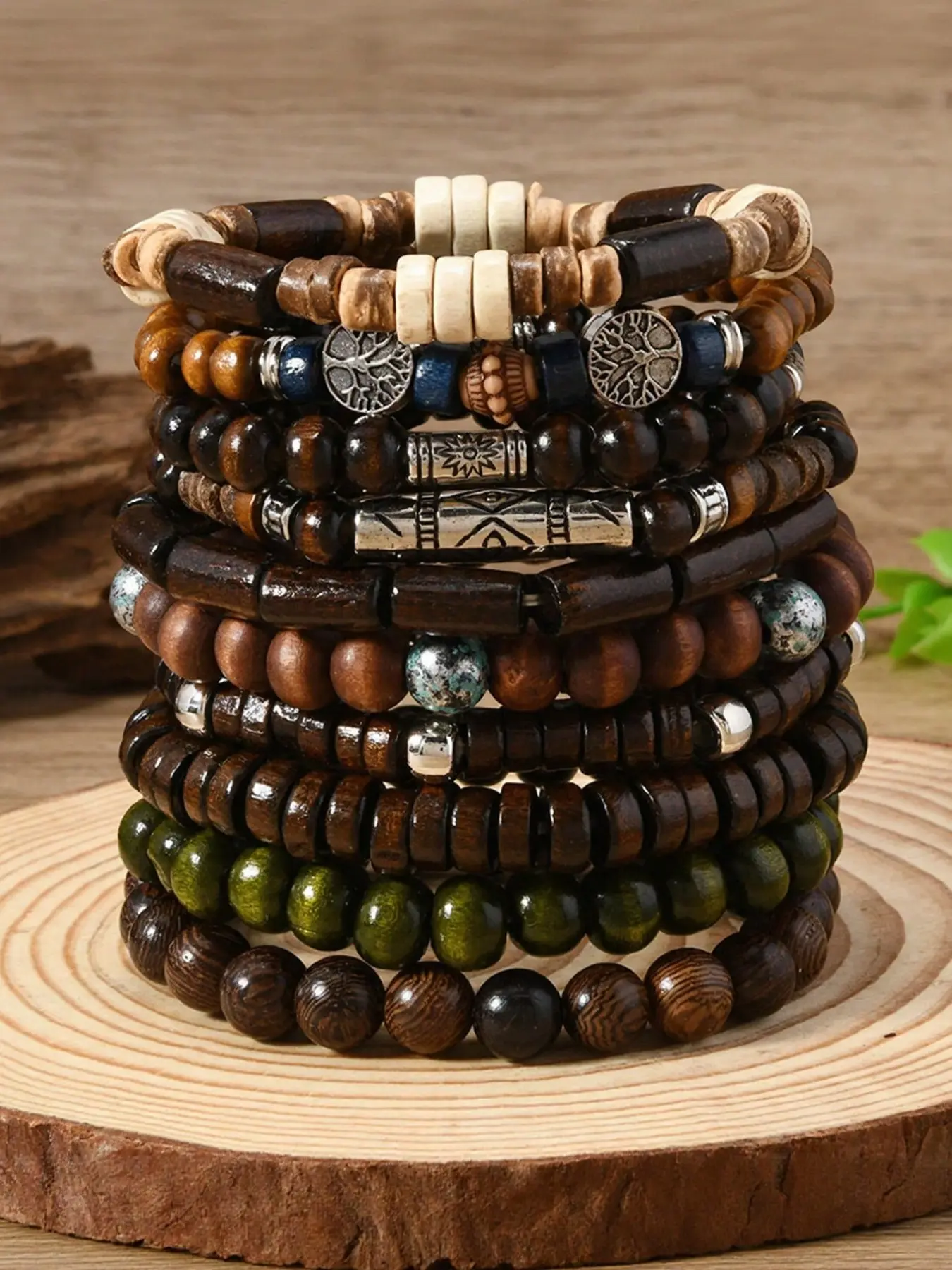 10 Pieces/Set Bohemian-Style Cultural Turquoise Charm Bracelet Set, Wooden Bead Style, Bracelets for Men and Women