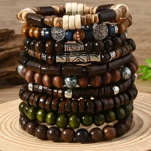 10 Pieces/Set Bohemian-Style Cultural Turquoise Bracelet Set, Wooden Bead Style, Bracelets for Men and Women