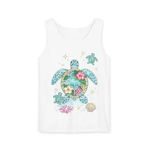 Floral Sea Turtle Tank Top | Tropical Ocean Hibiscus Turtle Design
