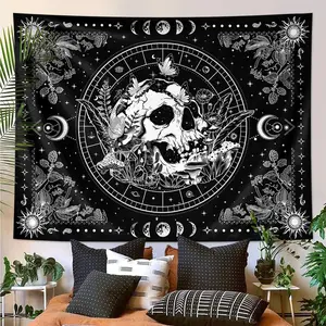 Skull & Mushroom Pattern Tapestry, Starry Sky Moon Phase Hippie Natural Plant Flower Aesthetic Tapestry, Wall Hanging Decor for Home Living Room Bedroom, Halloween
