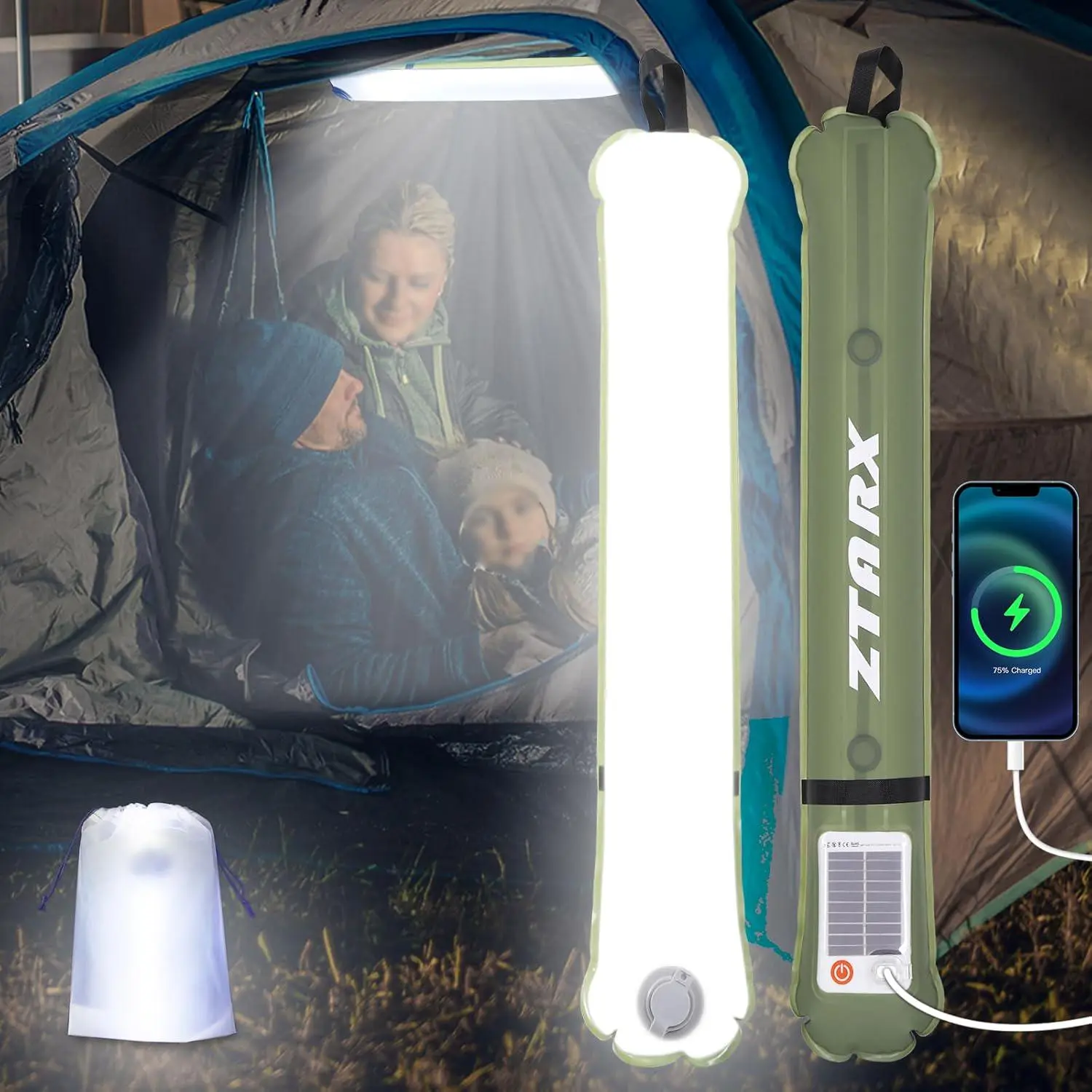 Solar Powered & USB Rechargeable Inflatable LED Tube Light, 1 Count Foldable Camping Light Bar, Waterproof Light with 4 Lighting Modes, Suitable for Camping, Hiking, Travel Tent Light, Outdoor Camping Light