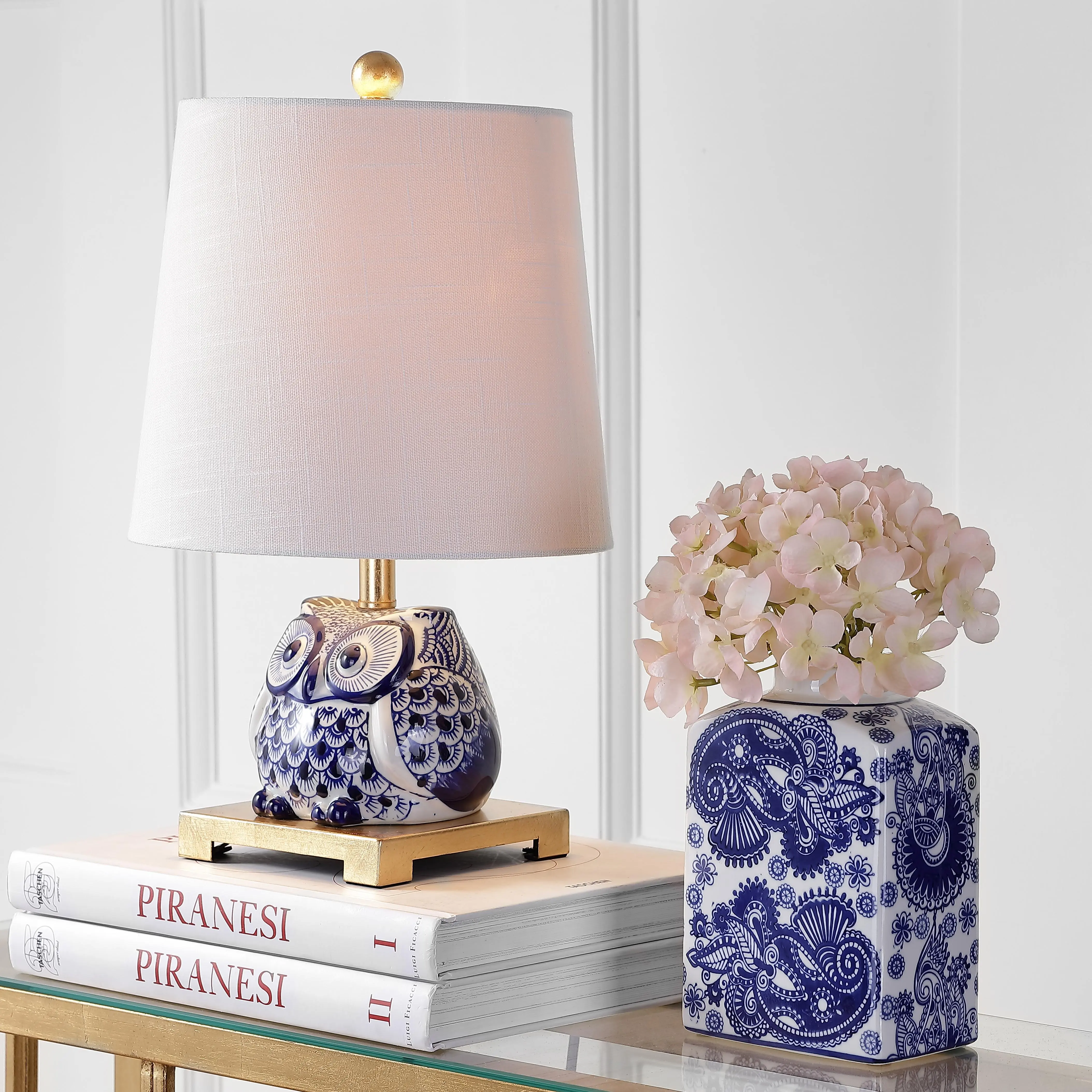 JONATHAN Y Justina Owl Mini Table Lamp 16" Ceramic | Modern Farmhouse Style, Metal Base, Linen Shade, LED Bulb Included, Transitional Cottage Decor, Drum Shape, Bedroom Office