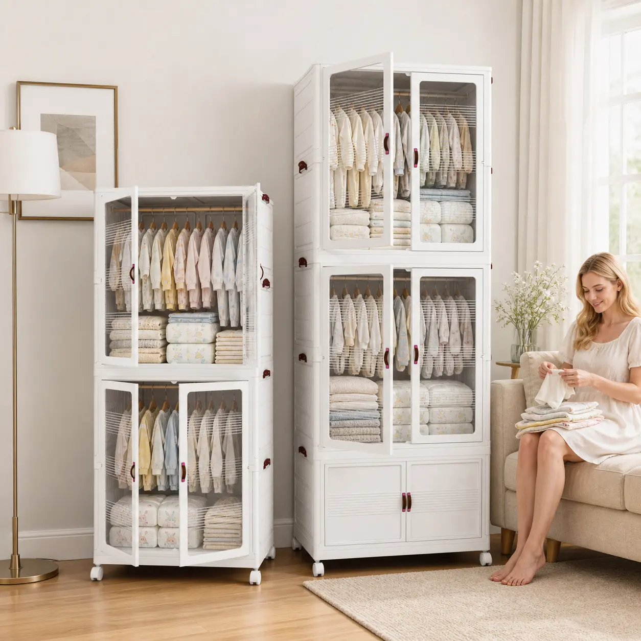 Collapsible Cabinet - Stackable Plastic Organiser Storage Cabinet, Space Saving Cupboard with 360° Swivel Wheels, Magnetic Doors, Compact Design for Bedroom Storage, Small Spaces