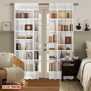 Bookshelf Print Privacy Grommet Curtains Set of 2, Modern Style Design, Durable Polyester Fabric, Ideal for Living Room and Bedroom Home Decor, Home Decoration Curtain