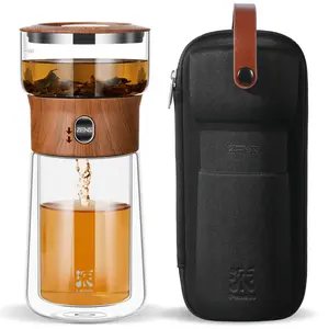 Modern Borosilicate Glass Teapot with One-Touch Infuser for Loose Leaf Tea Insulated Mug Portable Tea Kit for Office Travel Ideal Gift for Tea Lovers - Wooden