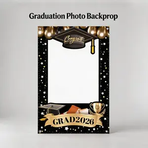 GRAD 2026 Photo Booth Frame, Black Gold Graduation Photo Frame with Congrats Grad Cap & Trophy, Large Size Selfie Prop for Graduation Party