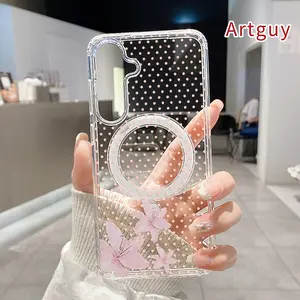 Polka Dot Floral Charm Pattern Magnetic Phone Case for Samsung Galaxy S26 Edge S23 Ultra S24 Plus FE S25 S22+ Non-Yellowing Clear Crystal Drop-proof Slim Silicone Shockproof Transparent Acrylic Large Hole Cover Supports Wireless Charging