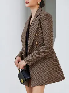 Women Brown Houndstooth Gold Button Double Breasted Blazer Oversized Elegant Workwear Trench Coat For Fall Winter 2026 Must Have