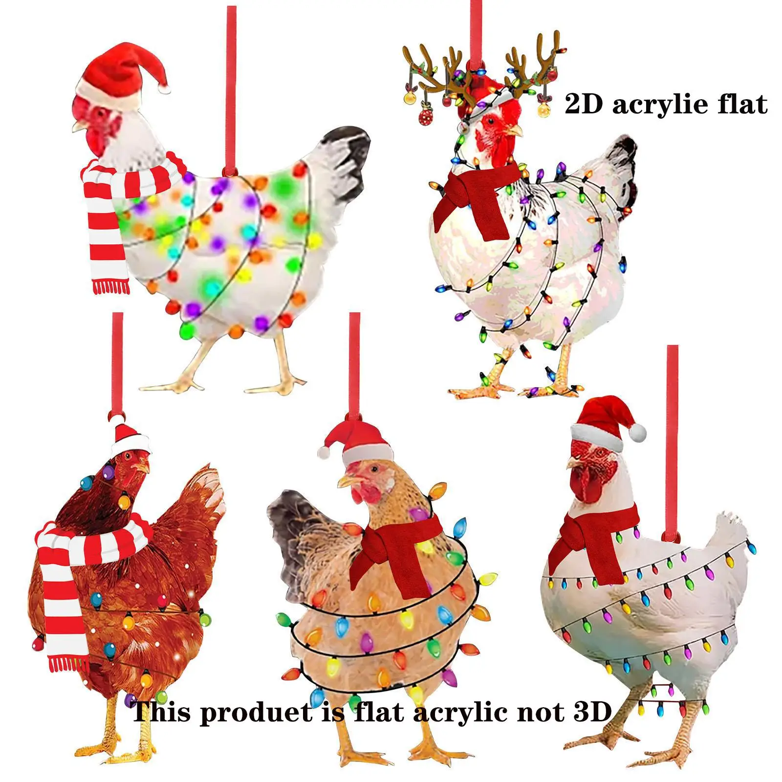 Christmas Chicken Flat Print Hanging Ornament, 5 Counts/set Cute Chicken Design Hanging Decoration, Christmas Tree Decoration, Festive & Party Supplie