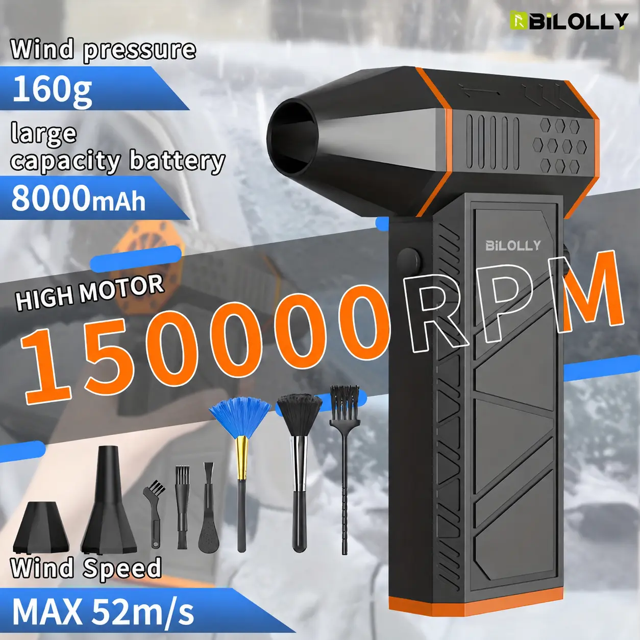 BiLOLLY Multifunctional Powerful Cordless Electric Air Duster with Lithium Battery, Brushless Motor, Stepless Speed Control, USB-C Rechargeable Turbo Blower for Keyboards, Cars, Electronics Cleaning