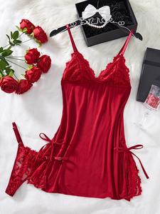 women's contrast lace split hem cami nightdress & thong two-piece set, elegant fitted adjustable spaghetti strap bow decor nightgown & thong set, ladies sleepwear for all seasons, loungewear, glam lounge wear, womenswear, lace trim nightgown